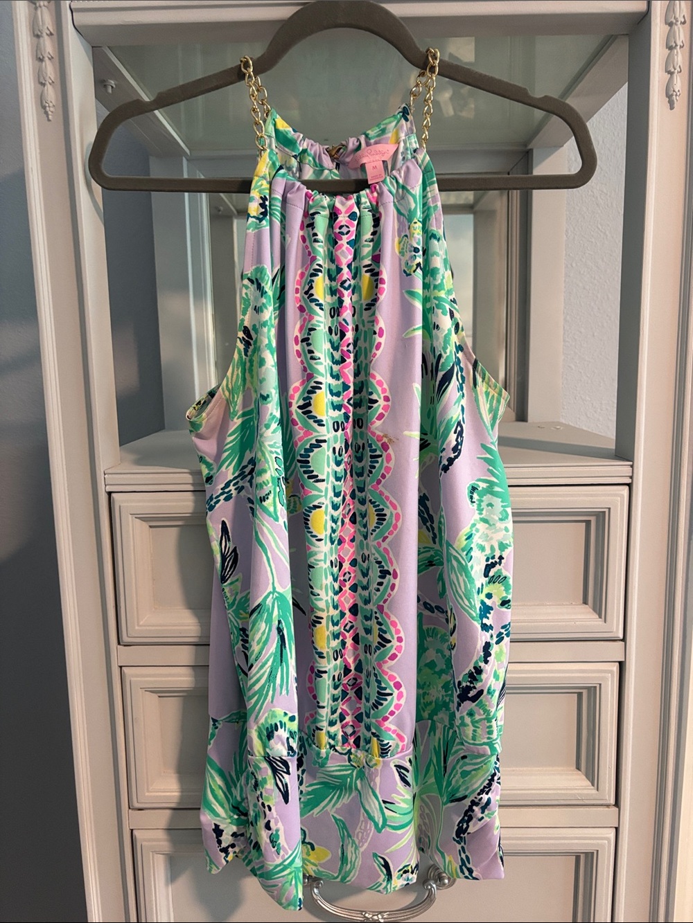 Sleeveless Printed Halter Top with Chain Straps - Lavender Green